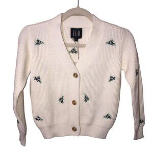 Gem Size XS Cardigan Ribbed Winter White Embroidered Long Sleeve Cropped NEW